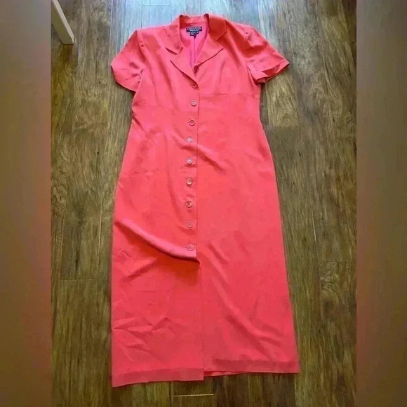 Cynthia Howie Dresses & Skirts - Cynthia Howie 100%  Silk Coral Button Front Dress Tall Women’s Size 16